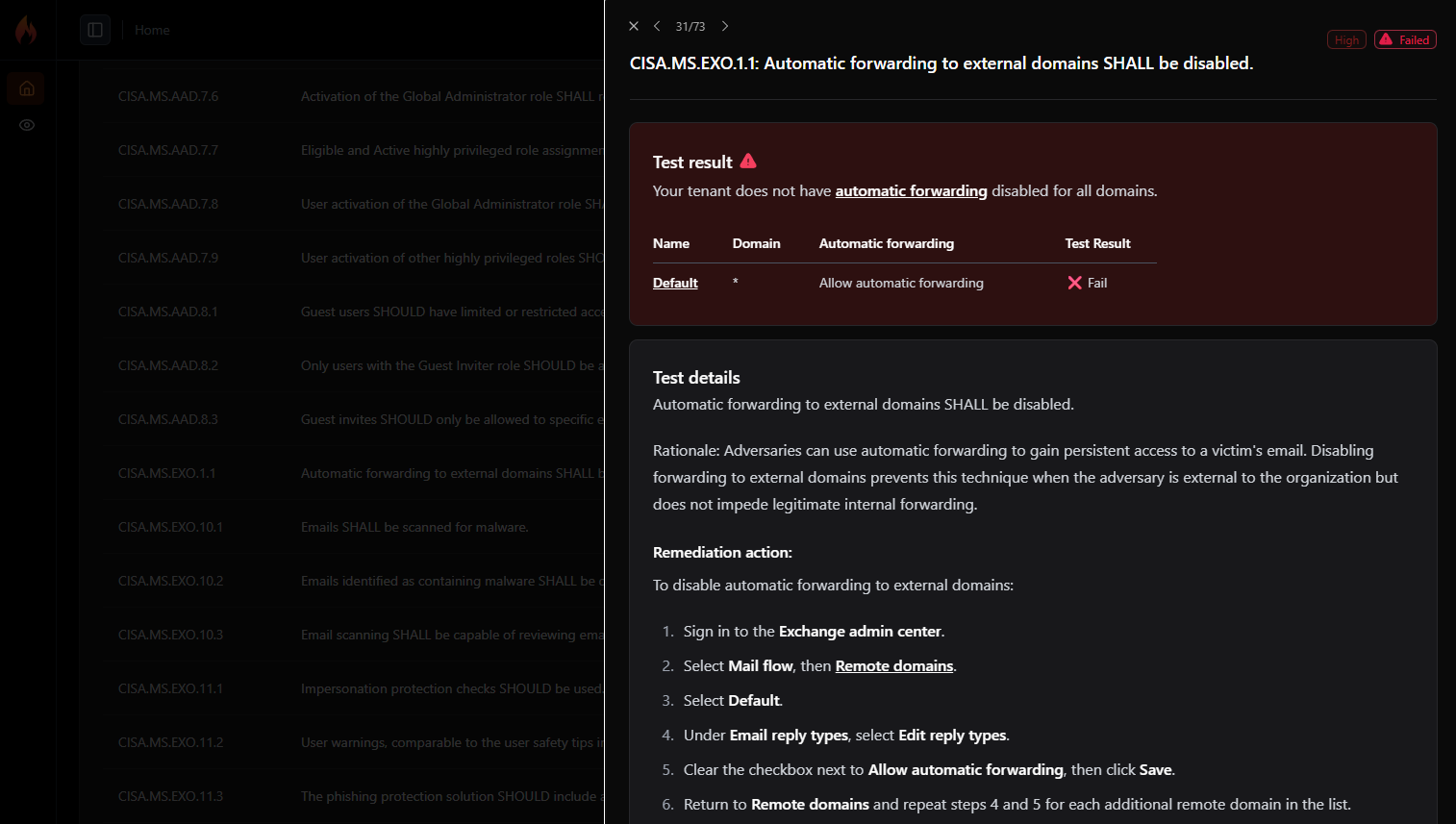 CISA.MS.EXO.1.1: Automatic forwarding to external domains SHALL be disabled.